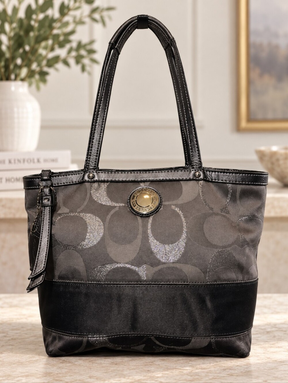 COACH Gray & Silver Signature Tote Shoulder Bag Black Leather Trim